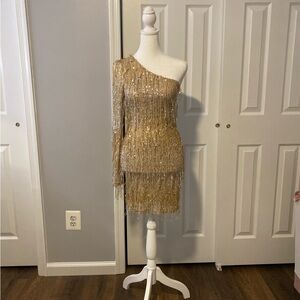 Fashion Nova Gold One-Shoulder Sequin Fringe Dress